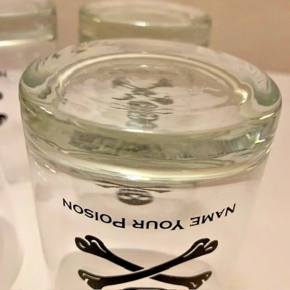 Halloween Skull Crossbones Name Your Poison Rocks Glass VTG MCM Glasses Set 4PC